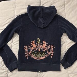 Juicy Couture Velour Hoodie Size Small Full Zip Navy Blue Back Print Pink